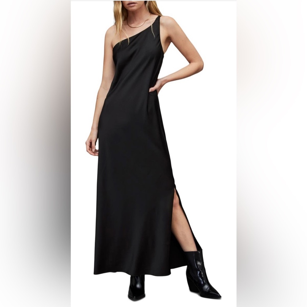 NWT AllSaints Studio One-Shoulder Maxi Dress Size Medium Black